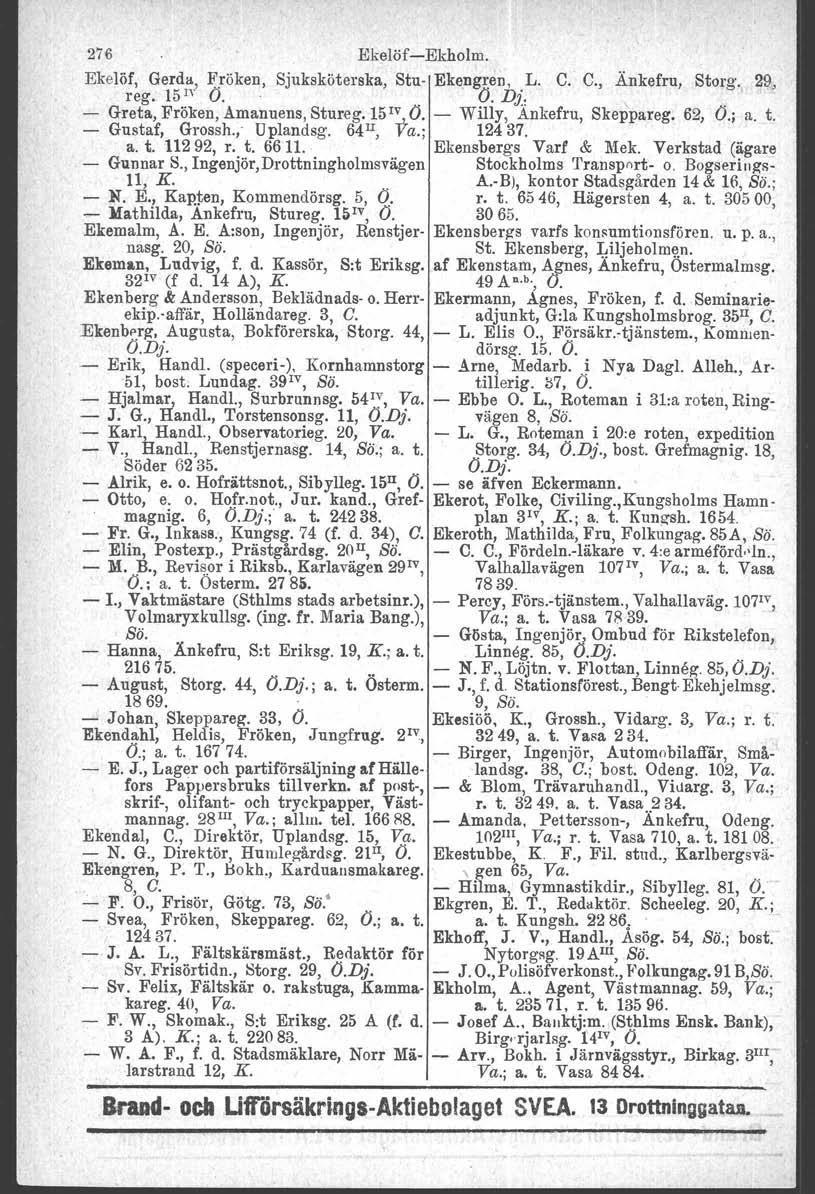 276 Ekelöf-Ekholm. Ekelöf, Gerda, Fröken, Sjuksköterska, Stu- Eke,ngren, L. C. C., Änkefru, Storg. 29, reg. 15 1 '1' O... O.Di:, ' ' Greta, Fröken, Amanuens, Stureg. 15 :\.