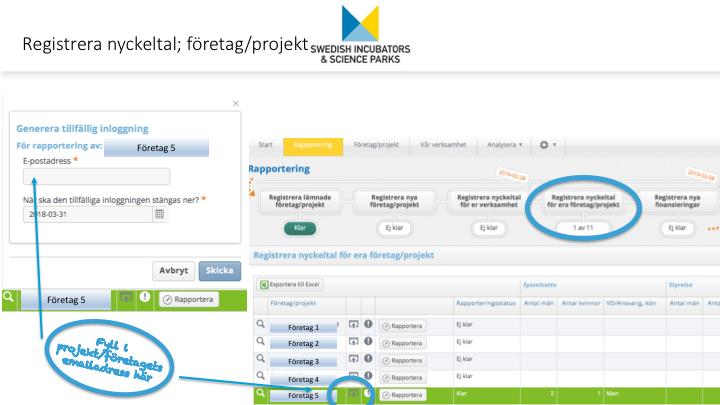 För att registrera nyckeltal för de företag och projekt som finns i inkubatorn, kan antingen den rapporteringsansvarige på inkubatorn göra det eller så låter ni företagen/projektet själva fylla i