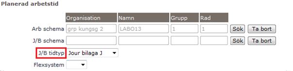 I J/B-tidtyp väljer man i rullistan Jour bilaga J. Välj sedan Spara. När man har jour ska man även ha ett placeringsschema. Se 2. Placeringschema.