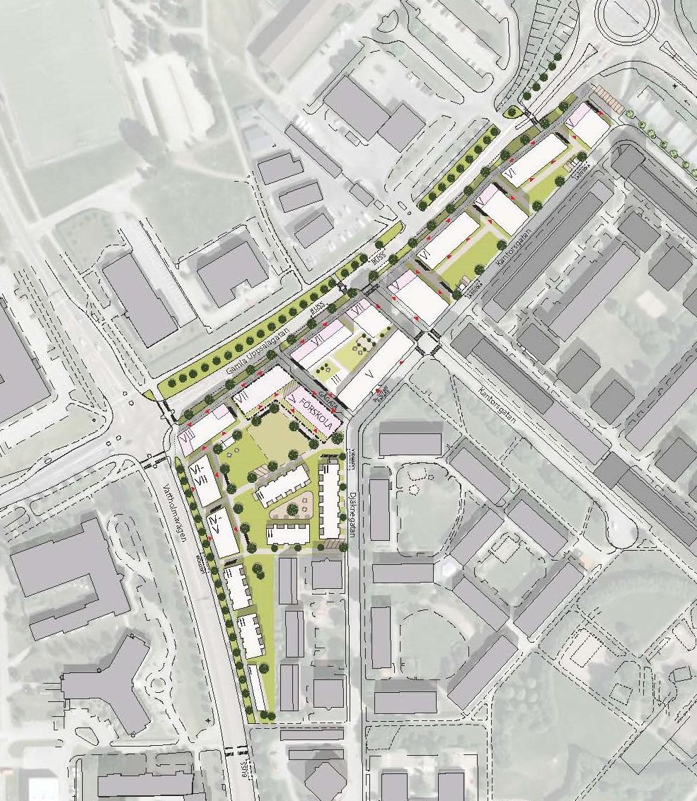 Förändringar Illustrationsplan som visar hur den nya bebyggelsen inom planområdet kan utformas. Föreslagen bebyggelse är markerad med vitt.