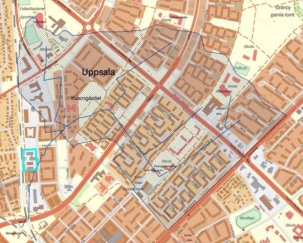 Karta som visar markavvattningsföretagen Gränby-Uppsala. Området är markerat med skrafferad yta.