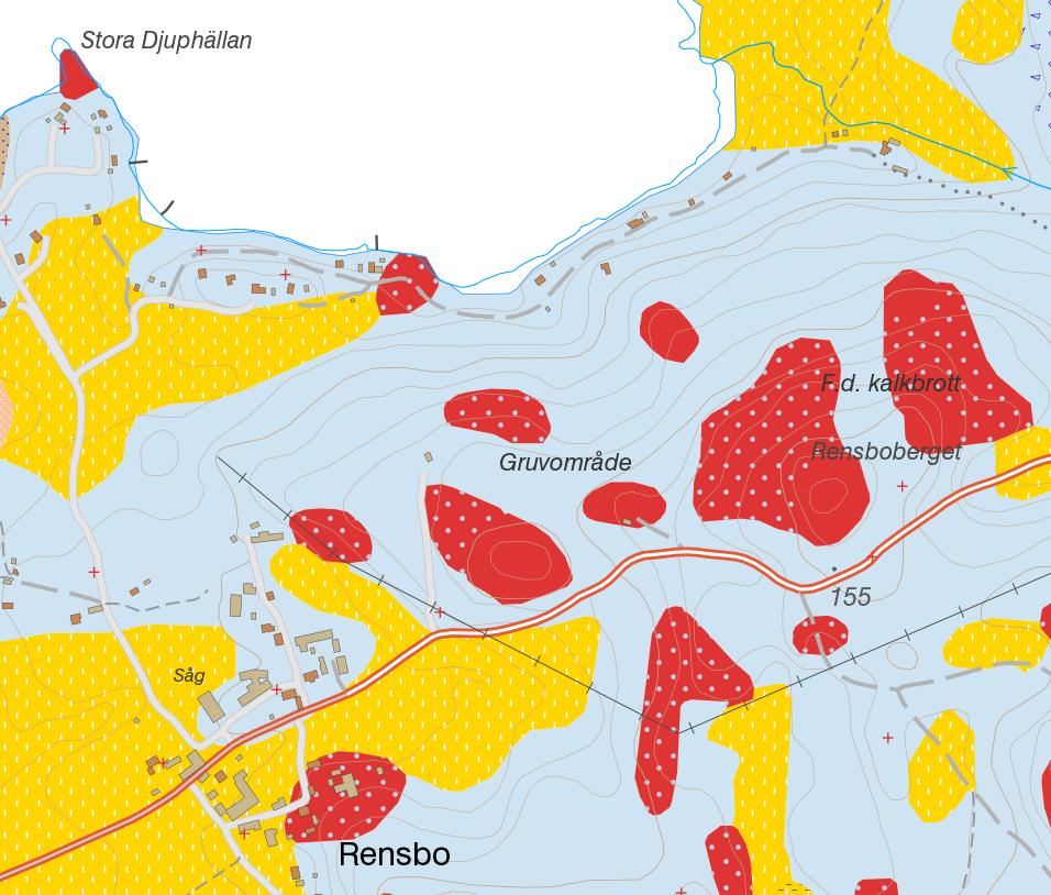 Figur 4. Utdrag ur SGU:s jordartskarta med området inritat med streckad blå linje. Ljusblå färg visar på moränmark och röd färg betyder berg.