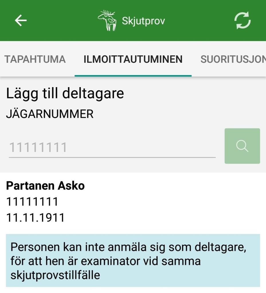 En examinator/mottagare av skjutprov kan inte avlägga skjutprovet