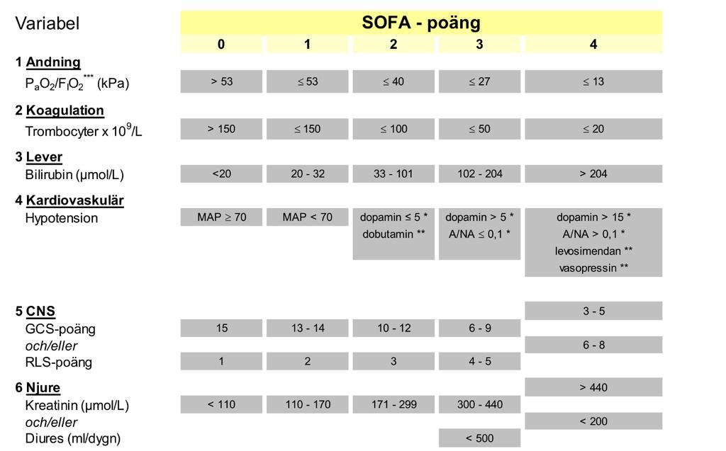 Appendix 2: SOFA (Sequential Organ Failure Assessment) Schematisk bild som visar de ingående parametrarna i SOFA-skalan.