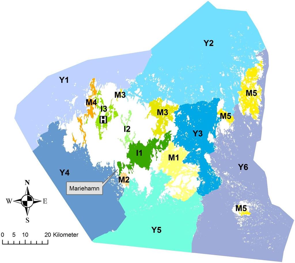 5 Figur 2. Karta över Åland med 14 monitoringområden, tre i innerskärgård (I), fem i mellanskärgård (M) och sex i ytterskärgård (Y). H = Husö biologiska station. Figure 2.