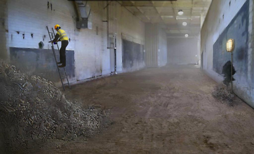 Avsnitt 3 TUNNEL Fråga: Vad kan vara fel här? Dammig miljö Vinglig stege FÖRSLAG: Dammig miljö Ordna en andningsmask och helst också en byggdammsugare med hink för att fånga upp dammet.