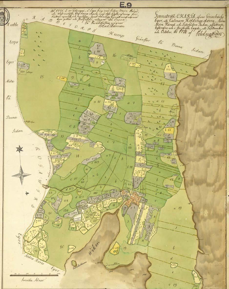 Grisbäck storskifte, karta från 1774. Kartan visar de orangefärgade hustomterna mitt i byn samt de olika små åkrarnas lägen, många utefter det gamla vägnätet.
