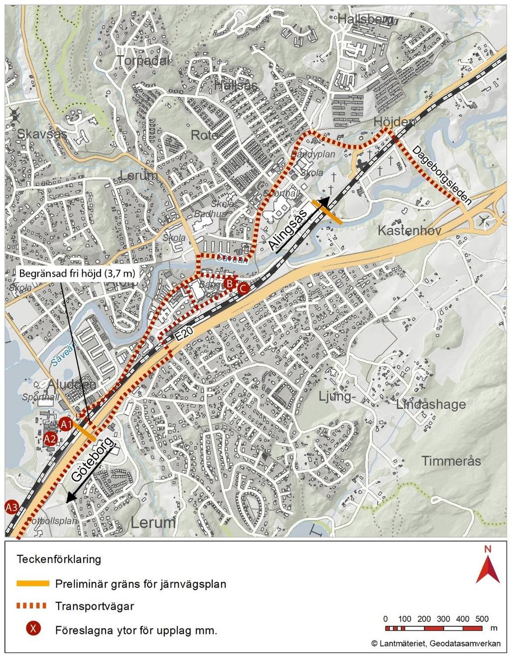 Figur 26 Transportvägar och föreslagna ytor för upplag med mera. Trafikverket förutsätter att ett stort antal transporter måste köras på det kommunala vägnätet i centrala Lerum.