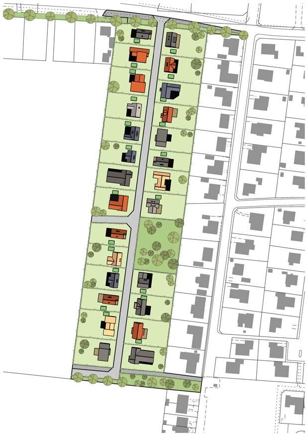 Planbeskrivning 10 (16) Ovan: Sektion österut mot planområdet. Till vänster: Genomskärning av bostäderna längst söderut.