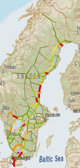 volymer på delar av en enskild bana (Markarydsbanan). Modellresultatet på en övergripande nivå bedöms inte påverkas nämnvärt av detta. Fig 6.4 Kapacitetsutnyttjandet i järnvägsnätet i UA2040 (%).