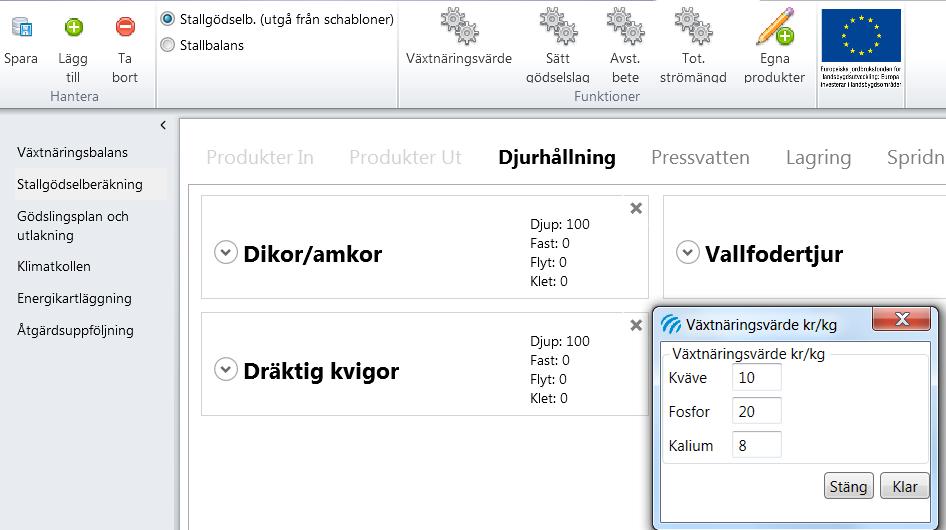 27 5.1.1 Växtnäringsvärde Klicka på Växtnäringsvärde om du vill ändra värdet på kväve, fosfor och kalium i beräkningarna. Värdet från Riktlinjerna för gödsling och kalkning 2015 är angivet. 5.1.2 Djurhållning 5.