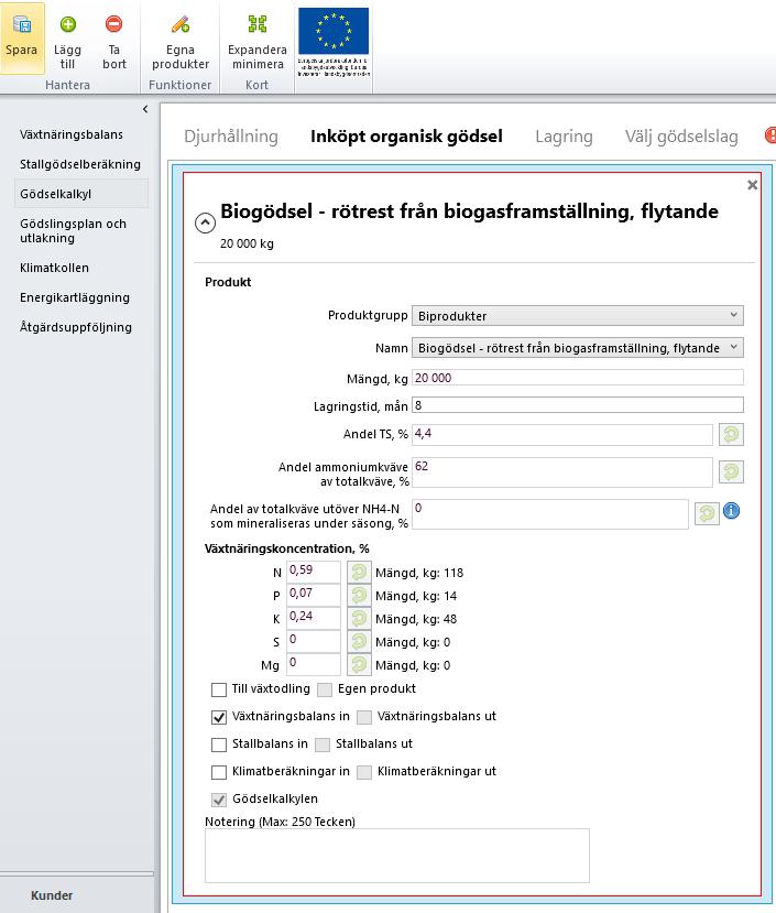 49 6.2 Inköpt organisk gödsel På fliken inköpt organisk gödsel kan du lägga till de gödselslag du vill göra beräkningar för. Du kan välja på gödselslag som organiska biprodukter och stallgödsel.