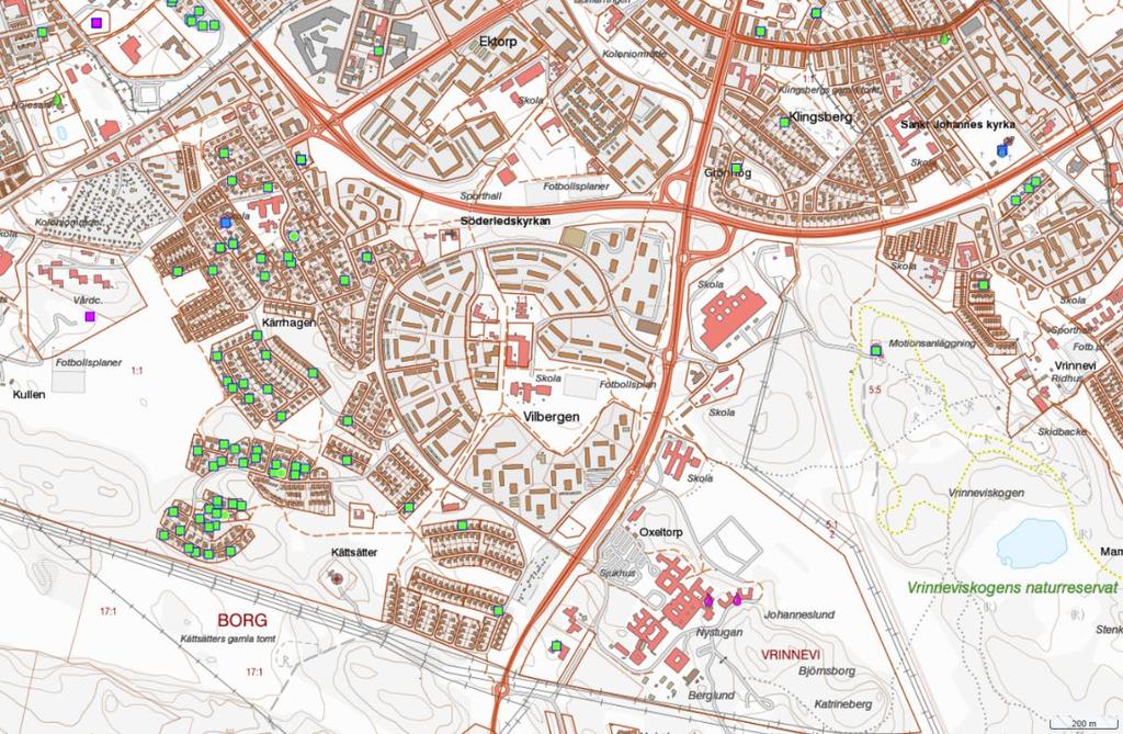 PM 3.4 Brunnar Brunnar i områdets närhet kan ses i figur 3.3. Väster om området vid Kärrhagen finns ett flertal energibrunnar, nordöst om området vid St Johannes kyrka finns brunn för bevattning och sydöst vid Vrinnevisjukhuset finns två vattenbrunnar.