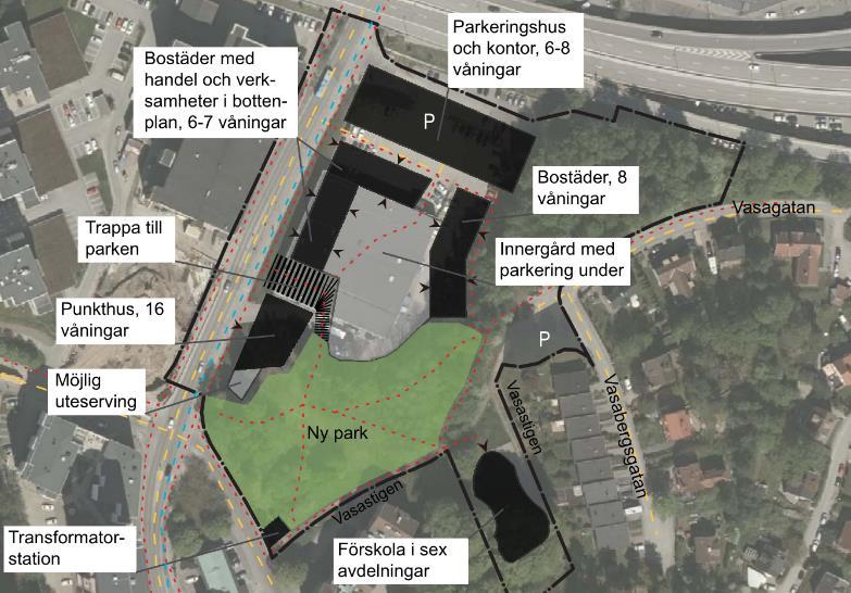12 RAPPORT Figur 2. Planerad bebyggelse kvarteret Björnflokan 5. Placeringen av förskolan har uppdaterats sedan bilden gjordes och markeras med röd oval, texten stämmer inte.