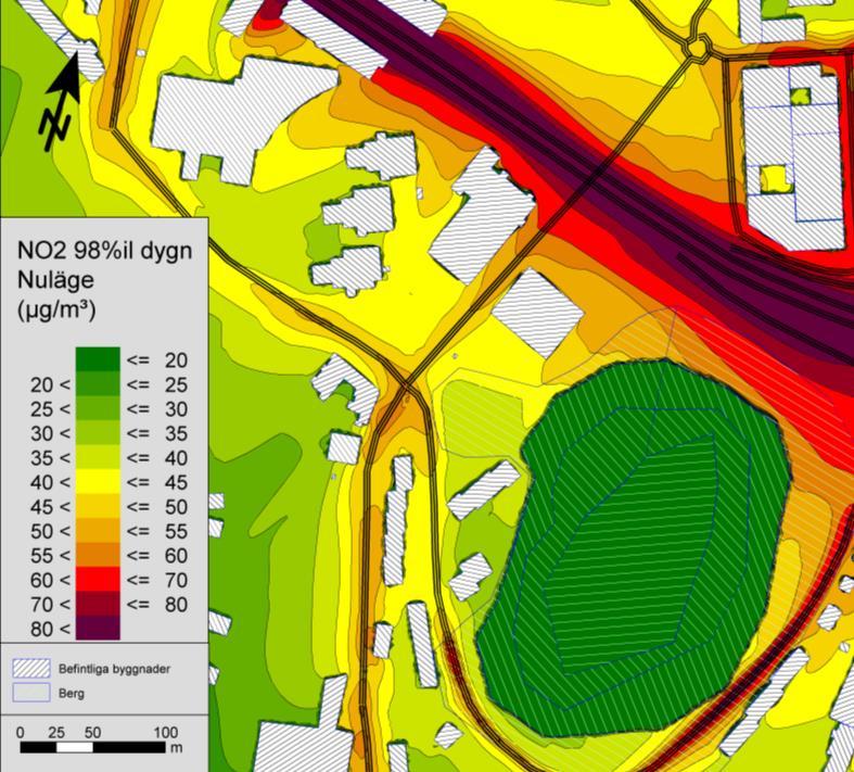 18 RAPPORT a) b) Figur 5. 98-percentil av dygnsmedelvärdet av NO₂ (µg/m³) för a) nuläge och b) år 2022.