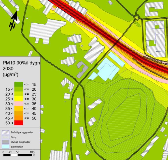 Även för 90-percentilen av dygnsmedelvärdet klaras MKN i planområdet, MKN