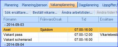 Från fliken Vakansplanering Du har samma valmöjligheter på denna bild Fliken Vakansplanering Vakansplaneringsfliken visar alla vakanser som uppstått på grund av frånvaro, vakanta schemarader eller