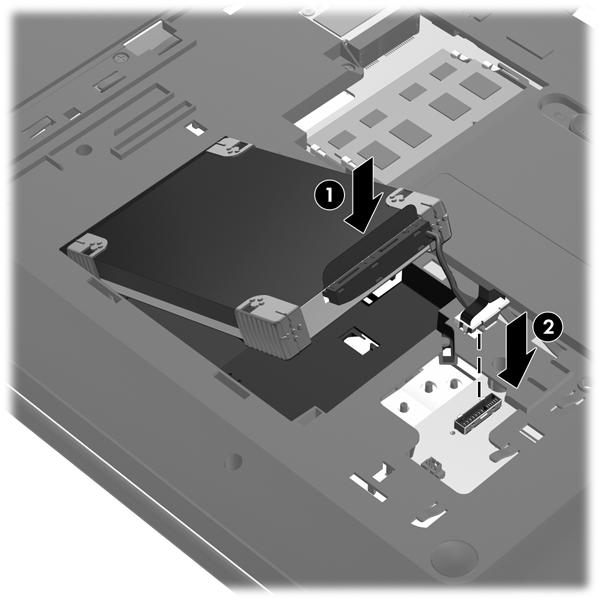 Installera en hårddisk 1. Sätt in hårddisken (1) i hårddiskplatsen. 2. Anslut hårddiskkabeln (2) till hårddiskuttaget på systemkortet. 3.