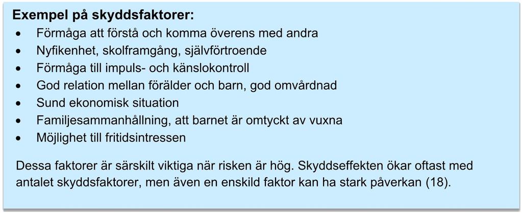 Exempel på skyddsfaktorer: Förmåga att förstå och komma överens med andra Nyfikenhet, skolframgång, självförtroende Förmåga till impuls- och känslokontroll God relation mellan förälder och barn, god