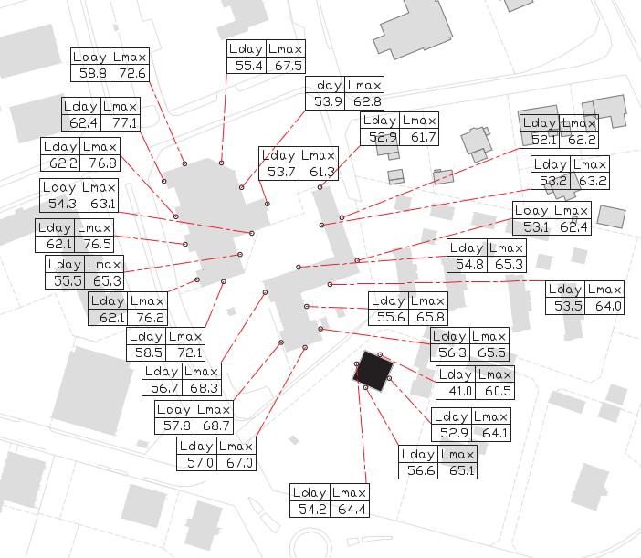 6(15) Kartan visar maximal ljudnivå under natt. Svart byggnadskropp representerar ny byggnad.