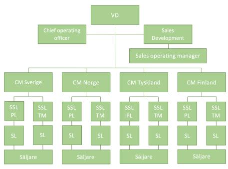 4.1.1 Organisation och ekonomistyrning Vid intervju med försäljningschefen beskrivs organisationsstrukturen som så att det finns två olika avdelningar som inriktar sig på två olika länder, Sverige