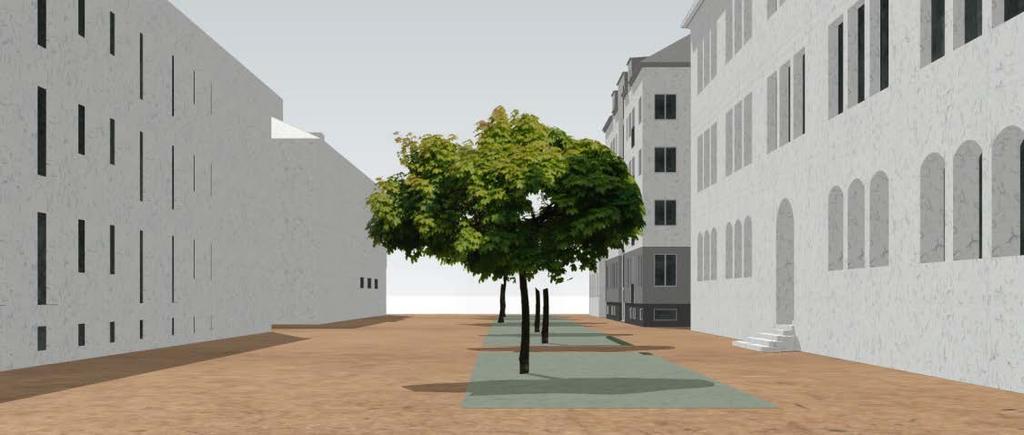Fasader från Nygatan. Byggnaden med grått tak visar den föreslagna tillkommande byggnaden. (Atrio Arkitekter, Anna-Mi Karlsudd.
