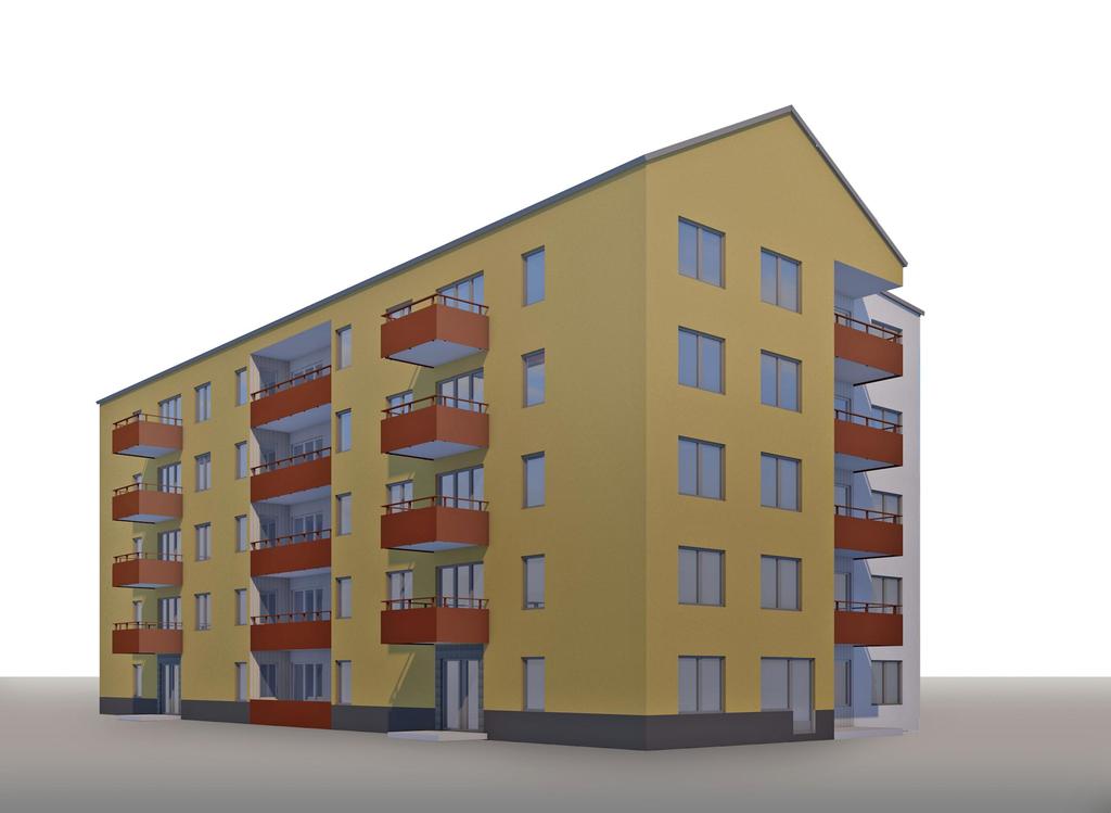 TYPHUS 1, fasader 2.2 rundutförande På bilden redovisas hus 1 i grundutförande i fem plan.