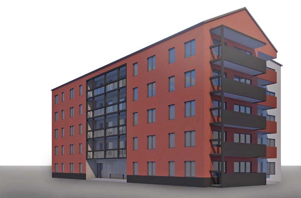 TYPHUS 1, fasader 2.4 rundutförande På bilden redovisas hus 1 i grundutförande i fem plan. asaden får en tredelning med de glasade balkongernas ramverk som ett tydligt fasadelement.