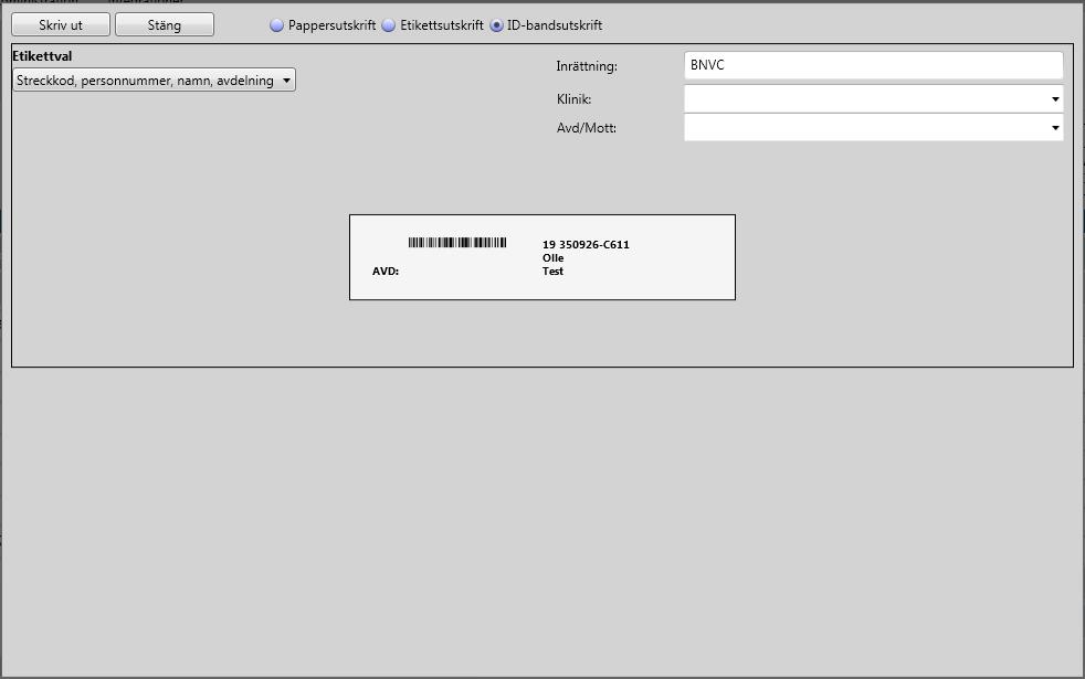 Vid utskrift av id-band ges följande möjligheter: Fält Fält Beskrivning Vallista Etikettval Vilka uppgifter som skall finnas på id-banden väljs.