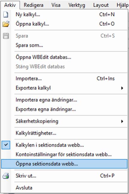 Snabbknappen Öppna sektionsdata webb under Arkiv i sektionsdata