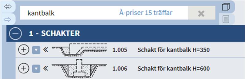 Till höger i sökfältet kan du se antalet träffar. Klicka och du växlar över till á-prislistan. Med öppnar du byggdelen och ser vad den innehåller.