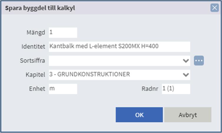 För att flytta din byggdel till kalkylen kan du använda, alternativt dra-och-släpp, se 6:15.