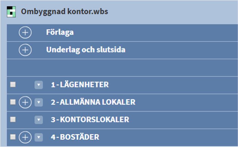 7:4 Kalkylträdet Kalkylträdet är på vänster sida i programmet. Överst i kalkylträdet är Förlaga och Underlag och slutsida.