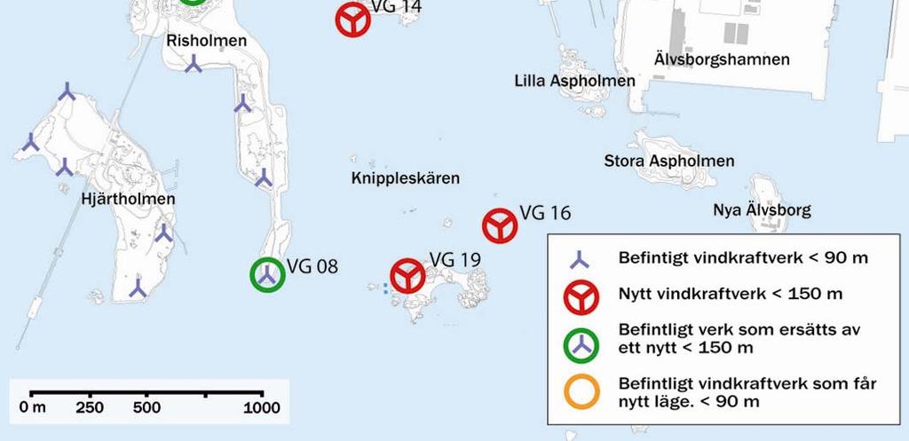 Två verk föreslås placeras på Risholmen, tre i vattenområdet öster om Risholmen och två på land norr om Arendals verksamhetsområde.