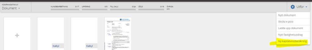 Från Mäklarsystem anropar du Kapitalvinst från dokument och kommer in i ett webgränssnitt. För dig som använt Säljstöd blir det ett nytt gränssnitt.