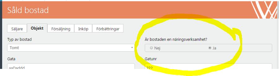 Du kan ange Villa/ägarlägenhet, Näringsfastighet, Tomt, Lantbruk och Andel i oäkta bostadsföretag.