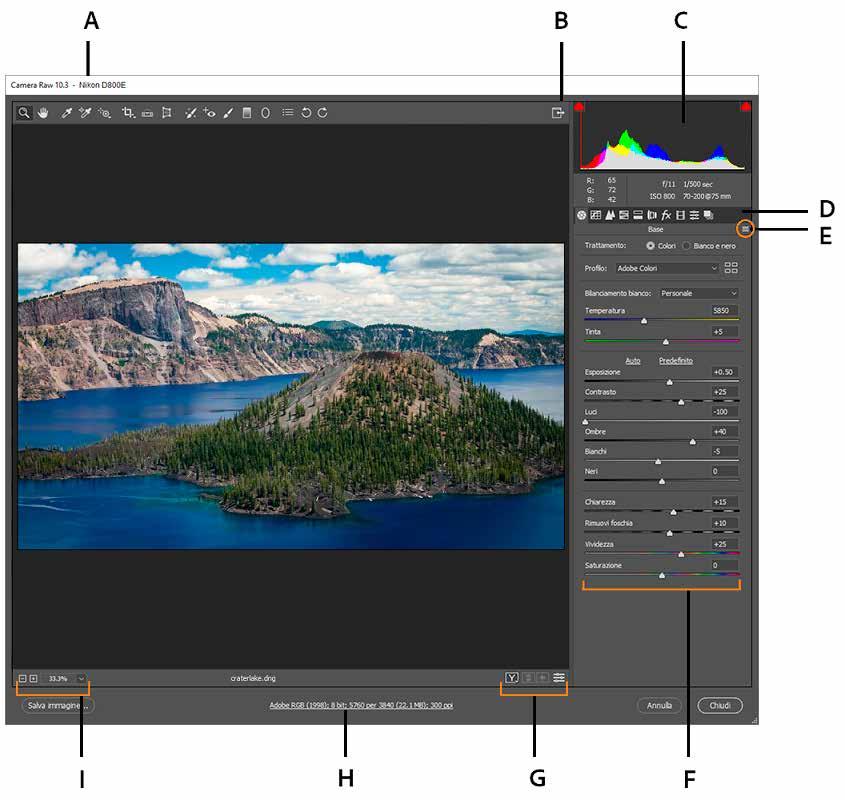 PANORAMICA DI CAMERA RAW A. Nome della fotocamera o formato del file B. Attiva/disattiva la modalità schermo intero C. Istogramma D.