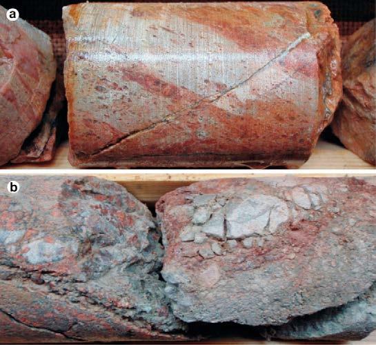 Figure 3-9. Photographs of selected drill core sections from the zone core of DZ2 in KAS12 showing (a) the intense brittle-ductile deformation and (b) strong argillic alteration. Figure 3-10.
