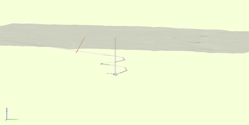 Figure 3-13. Äspö HRL tunnel view from east. Location of surface drilled borehole KAS14. Shaded area is the ground surface. RU1 (0.44 36.
