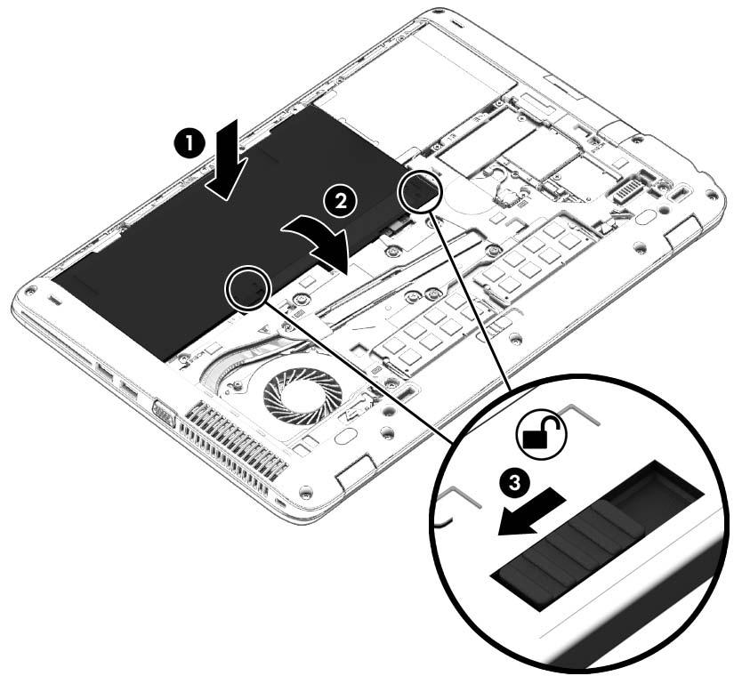3. Sätt in batteriet (1) i batterifacket så att det sitter ordentligt (2). Skjut batteriets frigöringsspärrar för att låsa fast batteriet på plats (3).