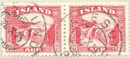 Aalesund har på et tidspunkt fået ny stavemåde. Aa er ændret til Å. Tydligvis før 1935. Her illustreret på Gullfoss 26 X 35. Arendal paquebotstempel er meget sjældent på kort/breve.
