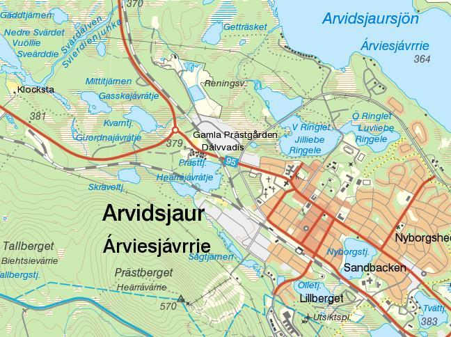 Karta över Arvidsjaur med de umesamiska och svenska namnen utsatta. Källa: Lantmäteriet 2019 (medgivande I 2009/0714). Ortnamn I stora delar av Sverige finns ortnamn vars ursprung inte är svenskt.