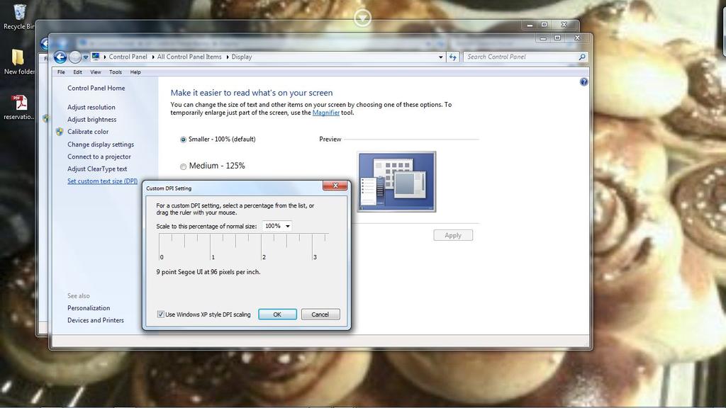 Tillräckligt stor teckenstorlek Här kan man ställa storlek på text i Windows eller ändra DPI Man kan också ställa in ClearType på väster sida Normal är 96 DPI, högre tal