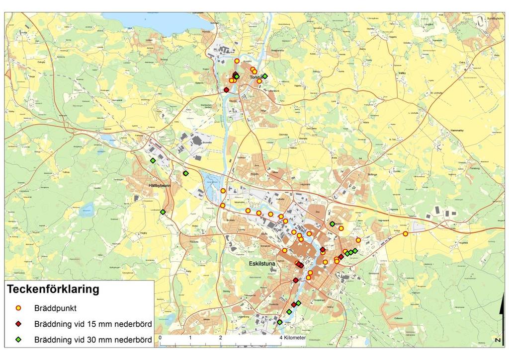 UPPDRAGSBESKRIVNING EXJOBB 3 (10) Figur 1 Översikt på verksamma bräddpunkter i centrala Eskilstuna (2015). Presenterade resultat är erfarenhetsbaserat, dvs inte från mätdata.