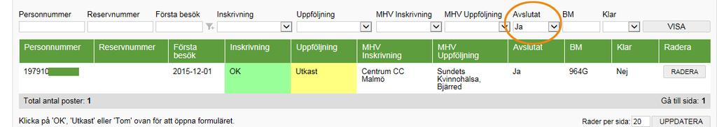 Sid 12(13) Patient som flyttar under graviditeten Patient som flyttar från min mottagning under graviditeten. Öppna Inskrivningsregistreringen. Kryssa i rutan Avlutat på denna mottagning och SPARA.