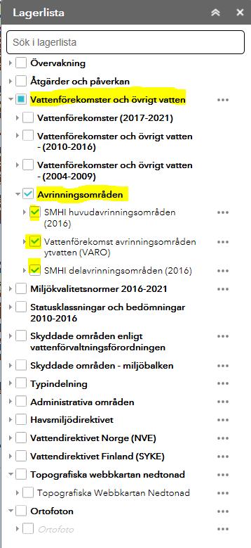 1) Öppna Vattenkartan: 2) Zooma in till önskat område i kartan och kryssa i lagren