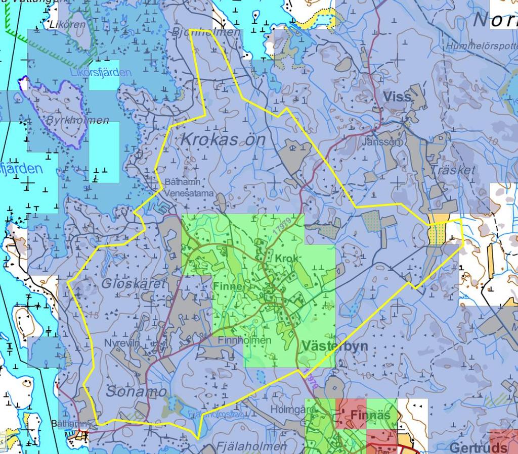 10 Samhällsstruktur Enligt uppgifter från Finlands miljöcentral (SYKE) är största delen av planeområdet betecknat som landsbygdsområde (blått), varav den centralaste delen är betecknat som byaområde