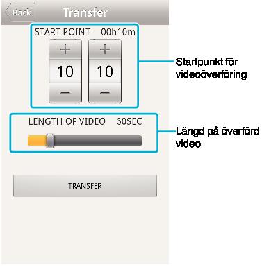 Att använda Wi-Fi 0 Tryck på + - för att ställa in startpunkt för videoöverföring (minuter/ sekunder). 0 Den överförda videons längd kan justeras med hjälp av listen.