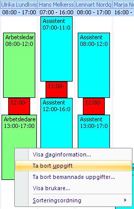 Ta bort uppgift från person i Uppgift/dag Högerklicka på personens uppgift och välj Ta bort Uppgift. Uppgiften är nu borttagen från personen.