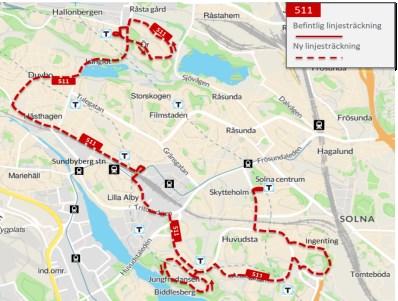 115(14 3 Genom att föra över trafik på mindre kapacitetstarka områden till ny linje 511 så kan resurserna fördelas bättre. Ny linje 511 blir en kapacitetsstark kvarterslinje.